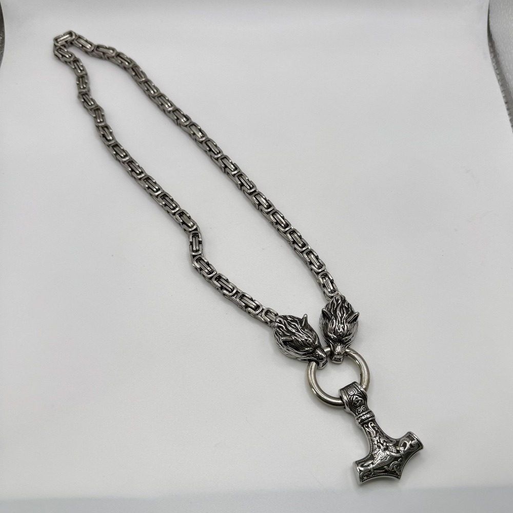 Viking Wolf Heads Mjolnir Thor Hammer Pendant Necklace Silver Tone Chain Mens‎